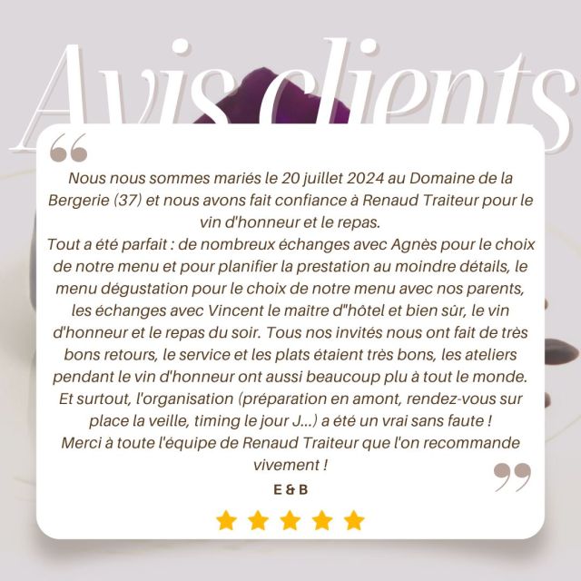 🫐 Nos mariés du 20 juillet se sont laissé tenter par notre fameuse Berriolette (Myrtille Framboise et Violette) qui connaît toujours un grand succès. Merci à eux pour leur confiance et pour cet avis positif. 🫐

@les_traiteurs_de_france 
#traiteursdefrance #renaudtraiteur #traiteurmariage #berriolette #myrtilles #avisclient